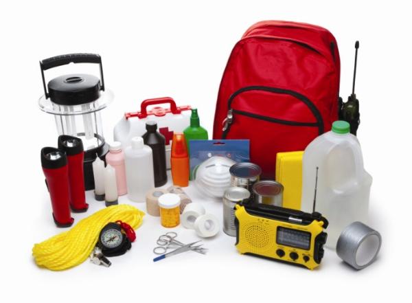 Emergency preparedness kit with contents displayed